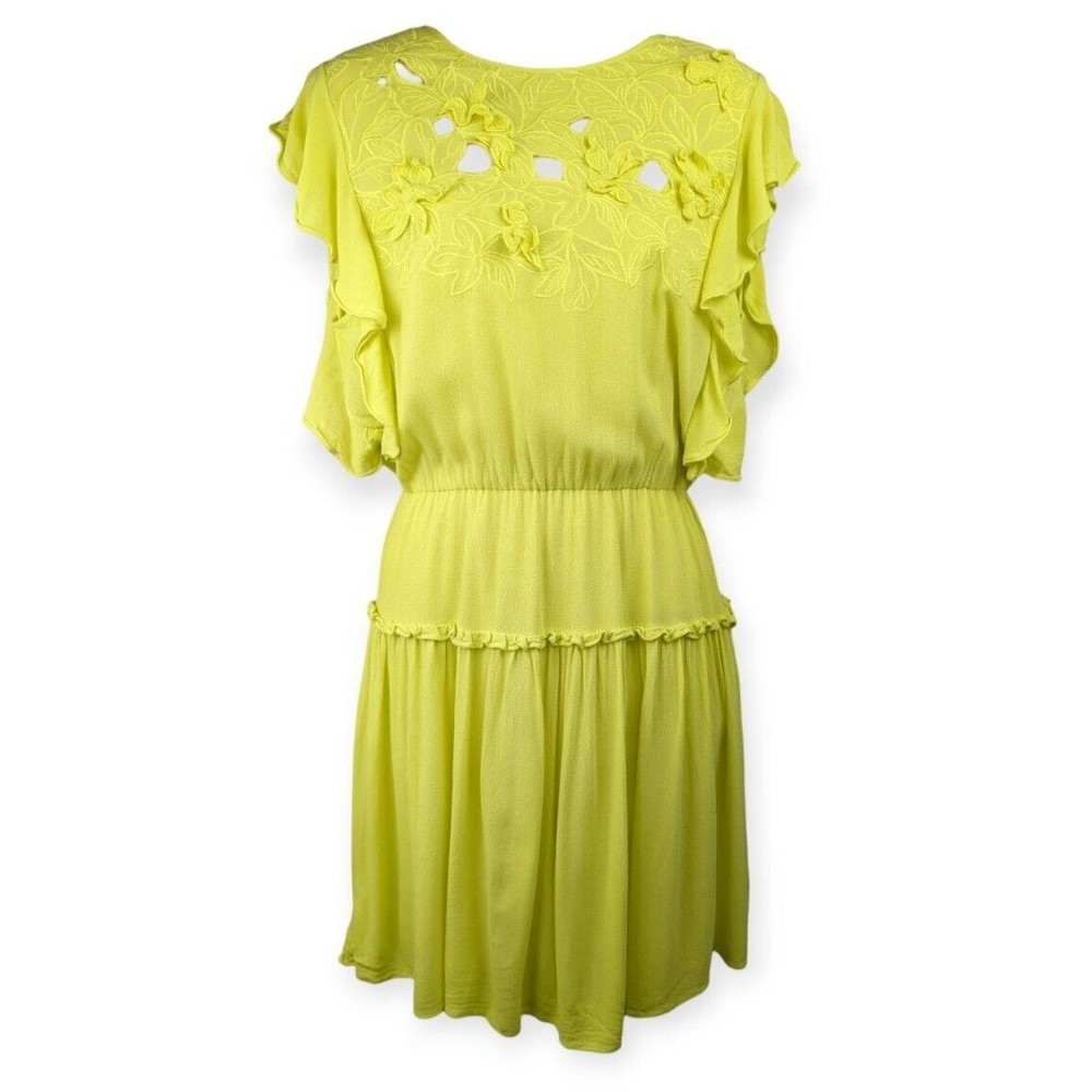 BCBG MAXAZRIA Jadie Flutter-Sleeve Blossom Embroidered Dress Bright Yellow S